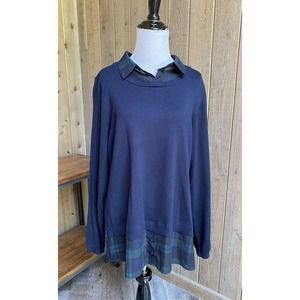 Adrianna Papell XL Sweater Layered Plaid Collared Shirt Navy Blue Green NWT $89